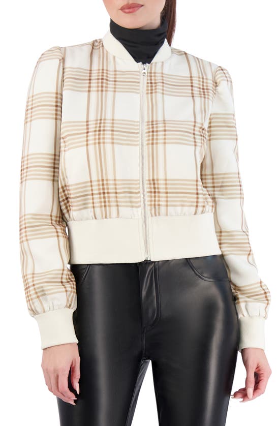 Shop Ookie & Lala Plaid Satin Bomber Jacket In Cream
