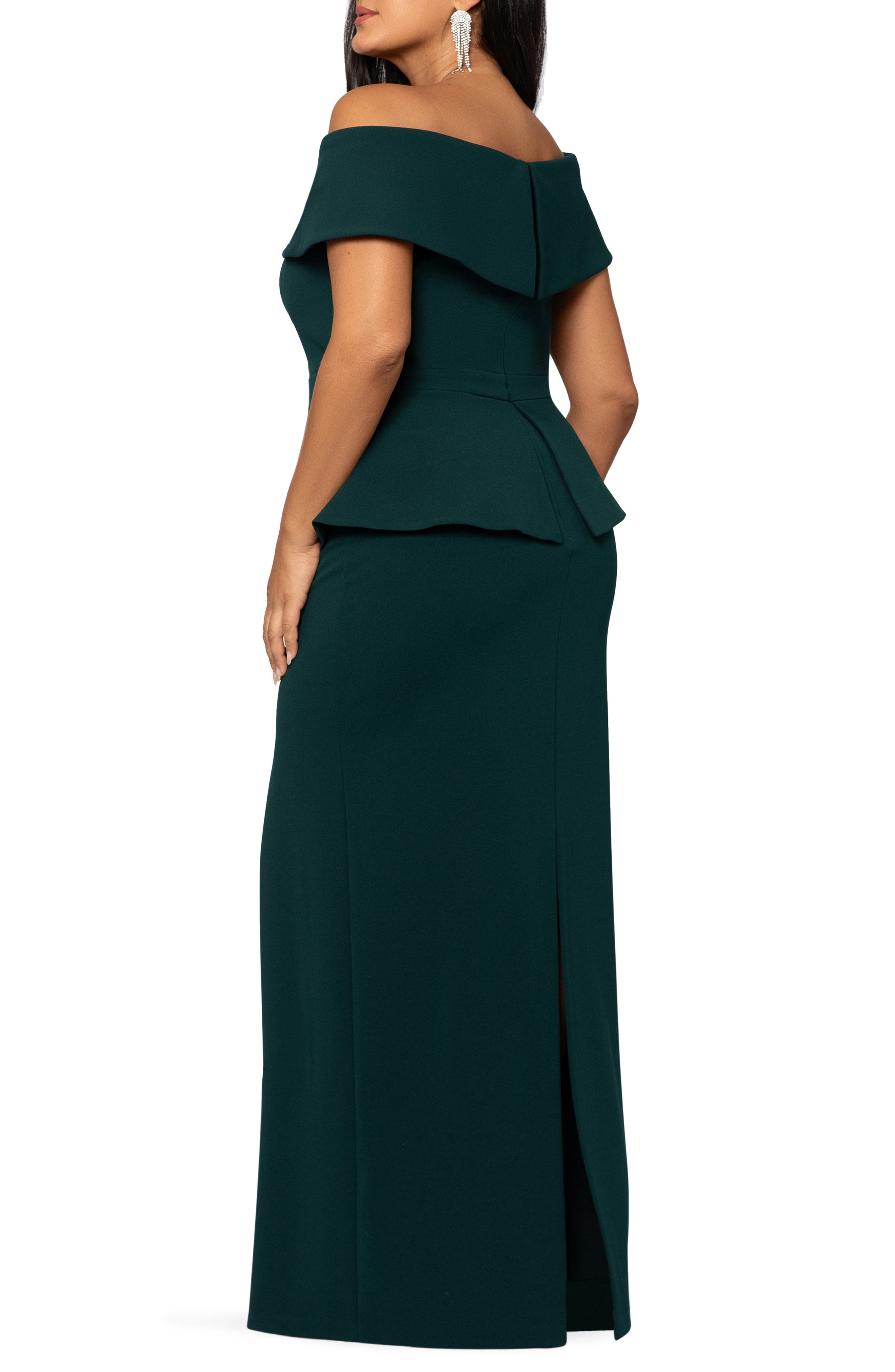 xscape off the shoulder ruched gown