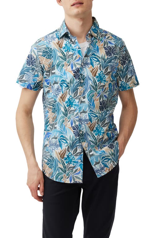 Admiralty Bay Front Print Short Sleeve Cotton Button-Up Shirt in Lagoon