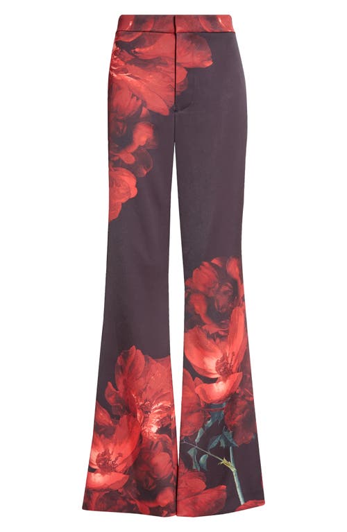 Shop Alice And Olivia Alice + Olivia Ronnie Floral High Waist Crepe Flare Pants In Peony Petals Bright Ruby