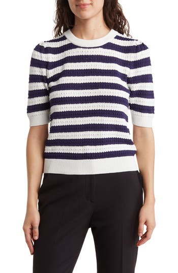Shop Truth Stripe Pointelle Sweater In Ivory/navy