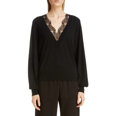 Chloe Lace Trim Wool & Silk Sweater, Black