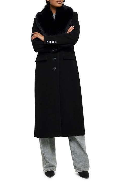 Slim Fit Longline Coat with Removable Faux Fur Trim