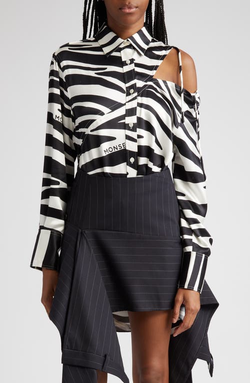 Zebra Stripe Slashed Silk Blouse in Black/White