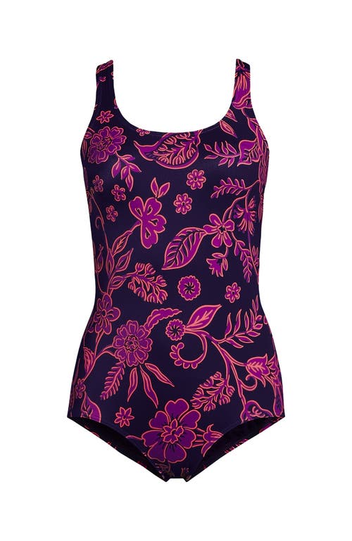 Shop Lands' End Long Chlorine Resistant Scoop Neck Soft Cup Tugless Sporty One Piece Swimsuit In Blackberry Ornate Floral