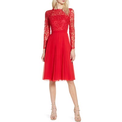 Chi Chi London Naarah Long Sleeve Lace Bodice Chiffon Cocktail Dress, Red