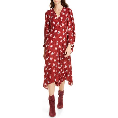Rebecca Taylor Paintbrush Long Sleeve Silk Blend Dress, Burgundy