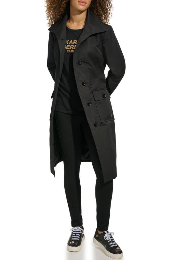 Shop Karl Lagerfeld Wing Collar Belted Single Breasted Trench Coat In Black
