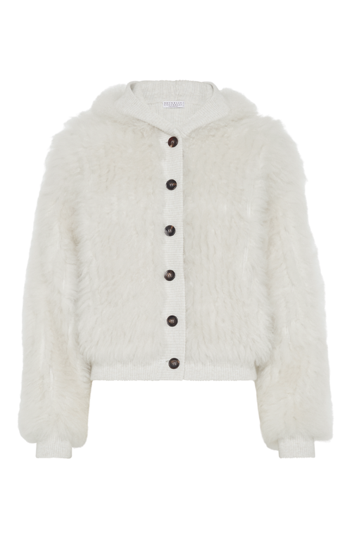 Shop Brunello Cucinelli Cashmere Hooded Cardigan With Shearling Inserts In Pearl Grey