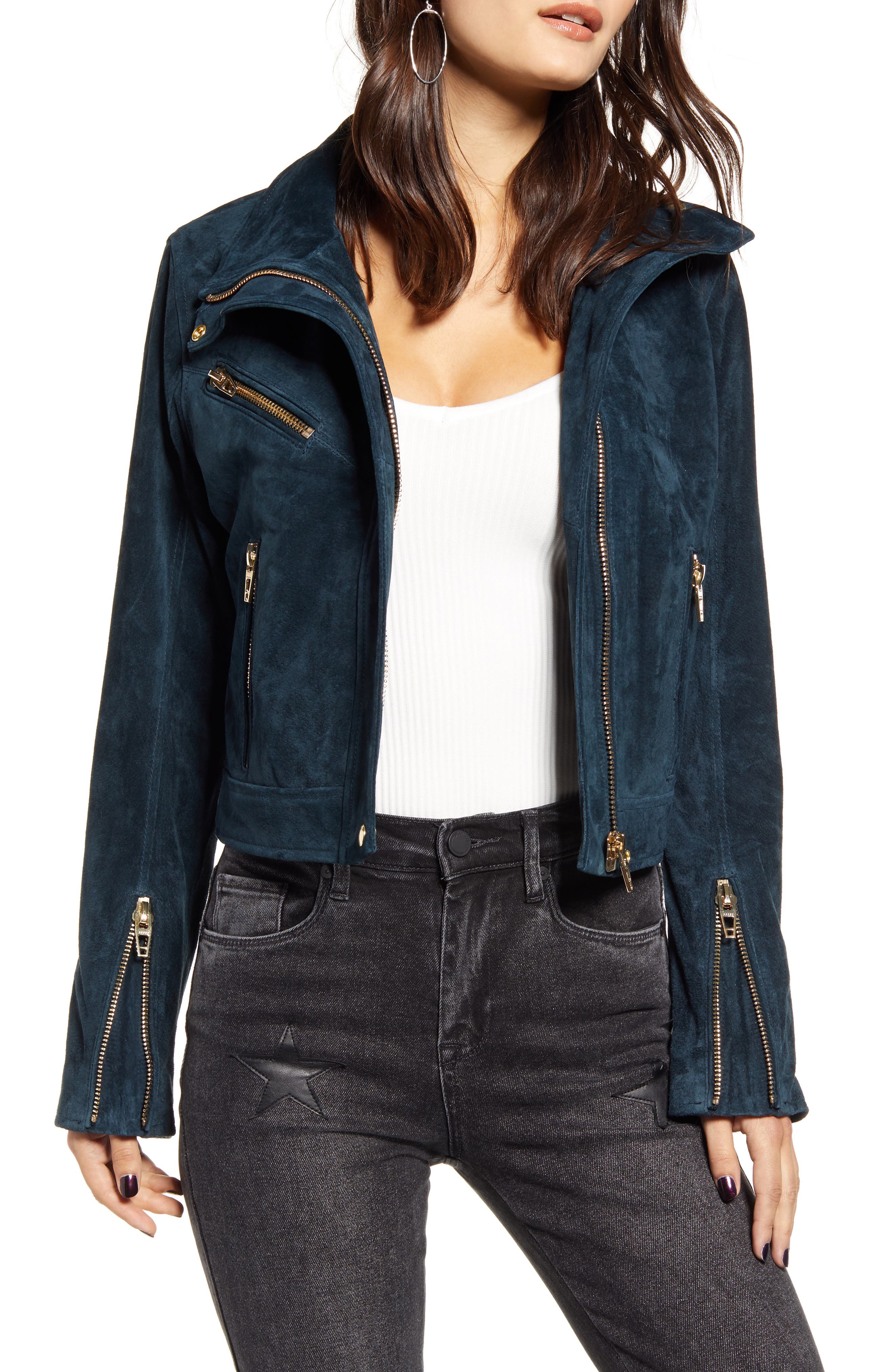 teal suede biker jacket