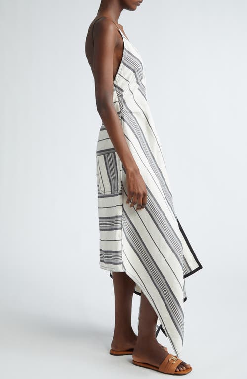 Shop Ferragamo Stripe Asymmetric Midi Dress In Ecru/nero/ash Grey