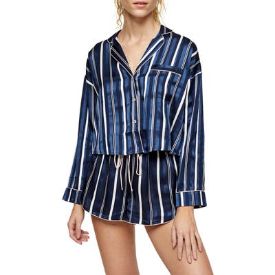 Topshop Stripe Satin Pajama Shirt, Blue