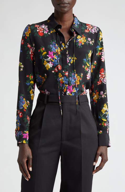 floral-shirt-women's-business-casual-clothing-black-high-waist
