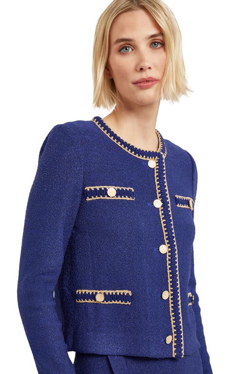 Shop Misook Metallic Trim Bouclé Sweater Jacket In Starry Night Blue