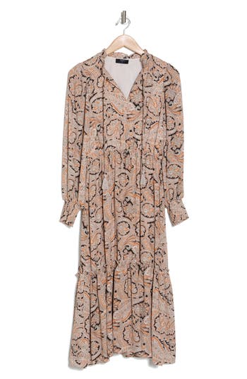 Shop T Tahari Paisley Split Neck Long Sleeve Maxi Dress In Fresco Paisley Print