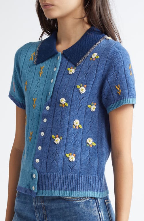 Shop Yanyan Daisy Embroidered Lambswool Cardigan In Denim