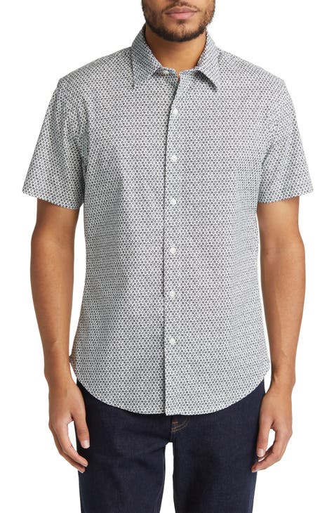 Old Riviera Print Stretch Cotton Short Sleeve Button-Up Shirt