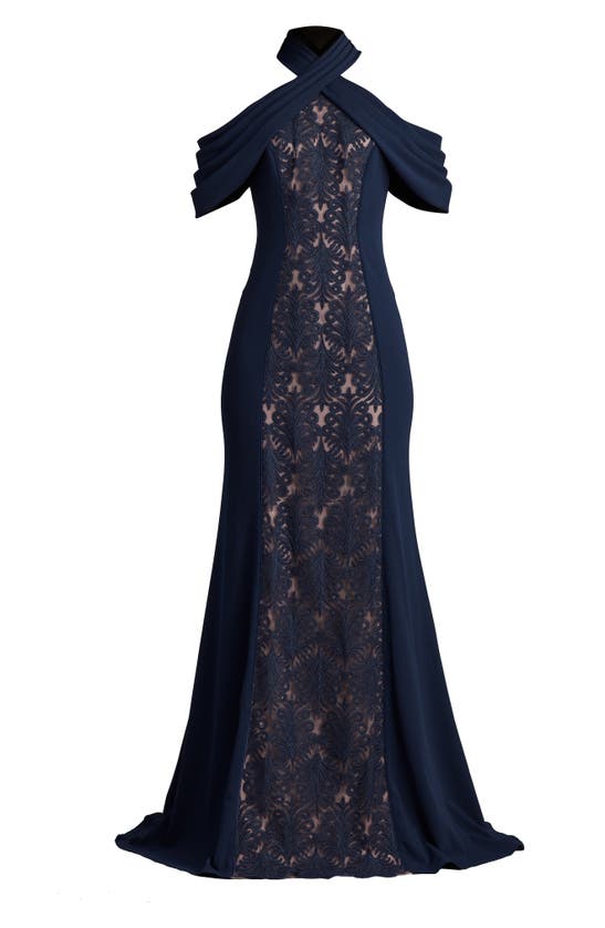 Shop Tadashi Shoji Lace Inset Cold-shoulder Gown In Navy/ Nude