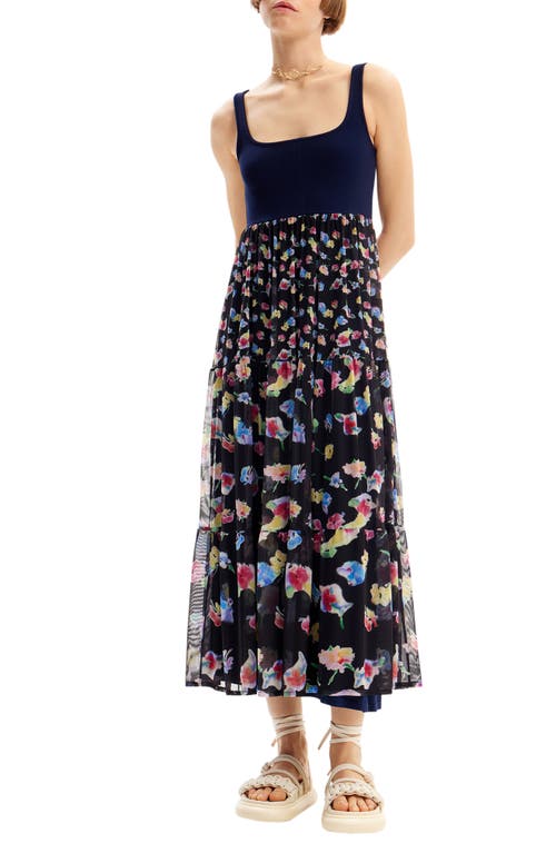 Combination Floral Midi Dress in Blue