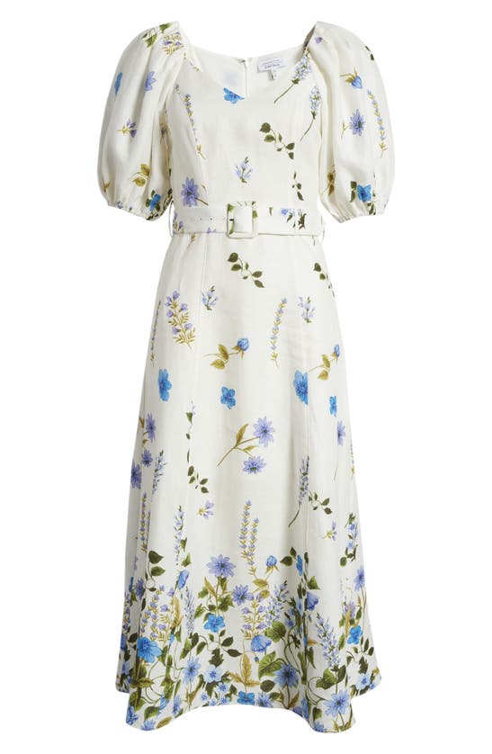 Shop & Other Stories Floral Belted Puff Sleeve Linen Midi Dress In Blue Lolita Aop