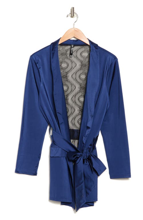 Shop Oh La La Cheri Saskia Lace Back Satin Wrap Robe In Estate Blue/black