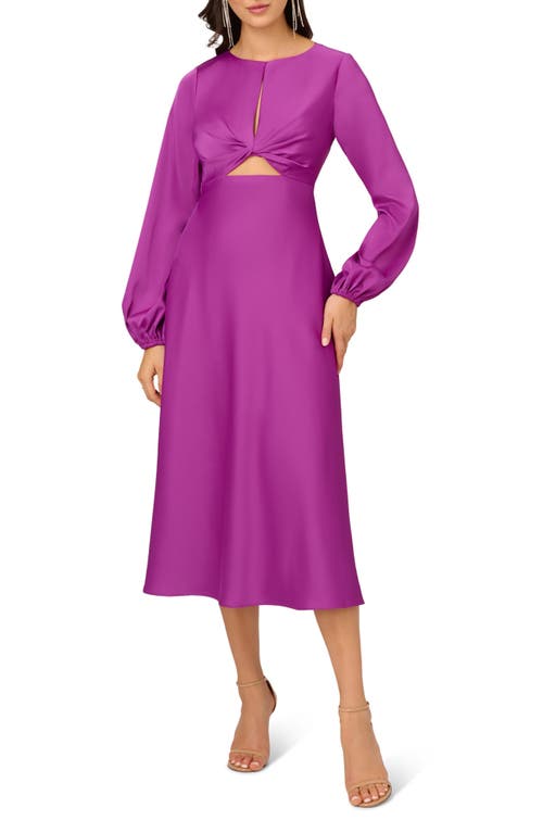 Long Sleeve Stretch Satin Midi A-Line Dress in Wild Orchid