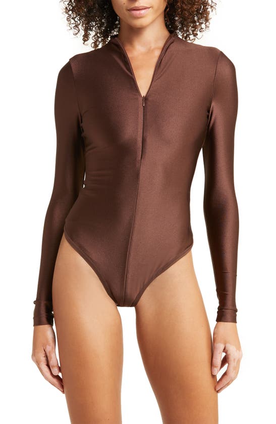 Skims Disco Mock Neck Long Sleeve Thong Bodysuit In Cocoa | ModeSens