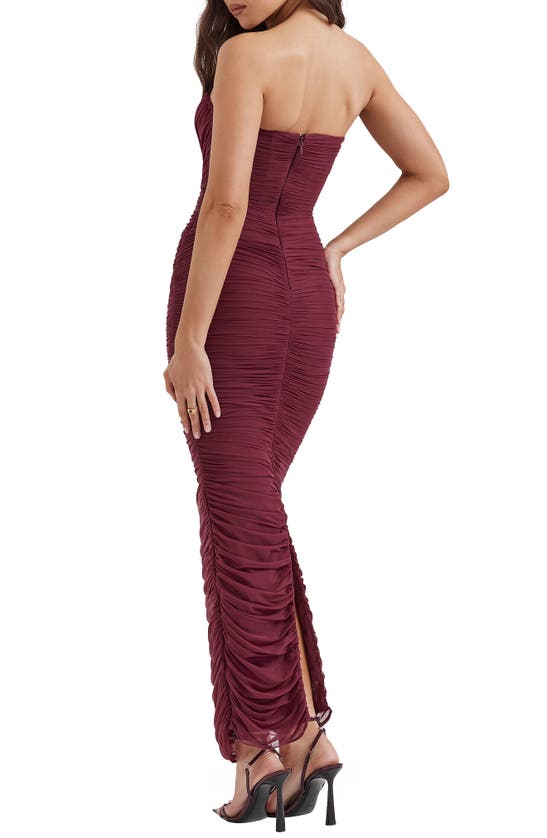 Shop House Of Cb Gradient Color Strapless Ruched Mesh Gown In Windsor Wine