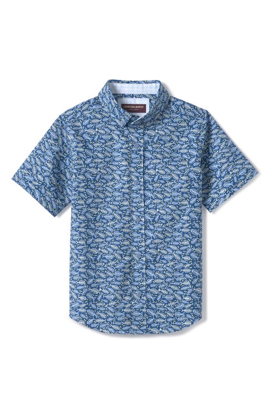 JOHNSTON & MURPHY JOHNSTON & MURPHY KIDS' FISHBONE PRINT SHORT SLEEVE COTTON BUTTON-DOWN SHIRT 