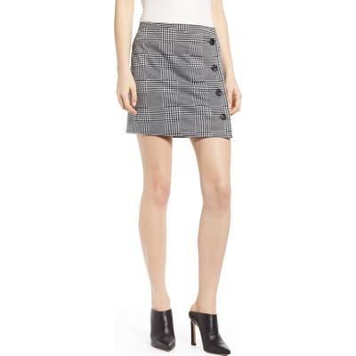 Love, Fire Houndstooth Check Button Wrap Skirt, Black