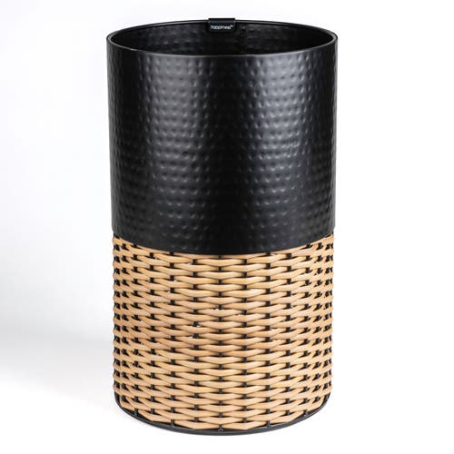 Happimess Asher Modern 2-tone Faux Wicker/metal Cylinder Waste Basket In Black/natural