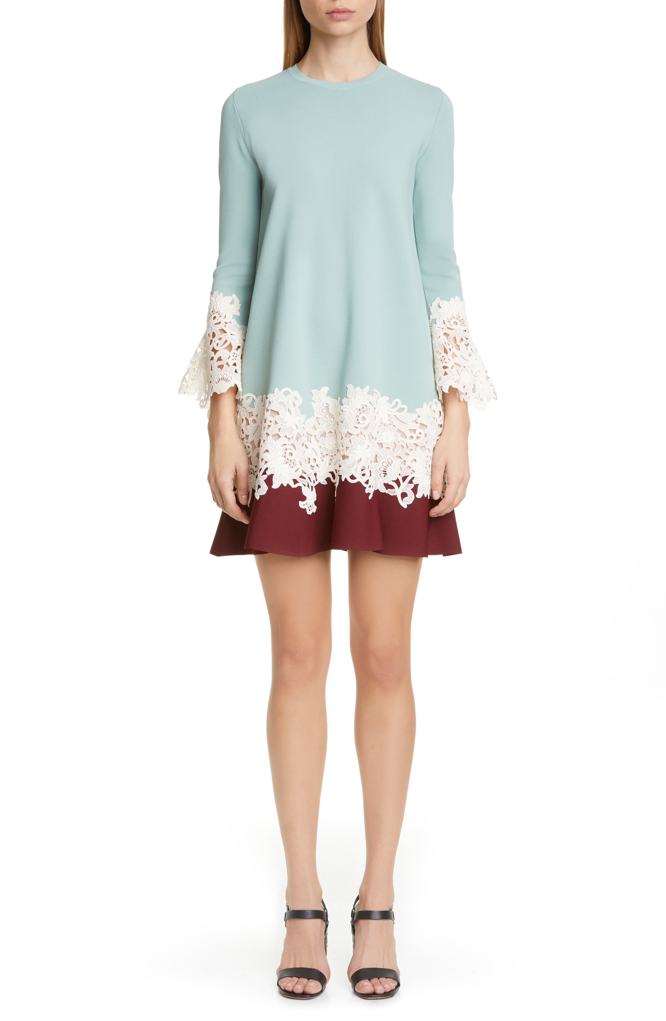 Valentino Lace Applique Colorblock Sweater Shift Dress, Green