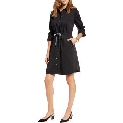 Petite 1901 Cinched Waist Long Sleeve Shirtdress, Black