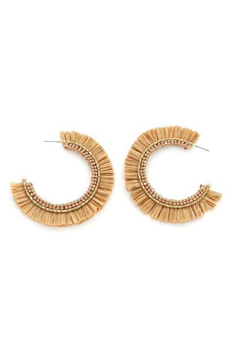 Raffia Fringe Seed Bead Hoop Earrings