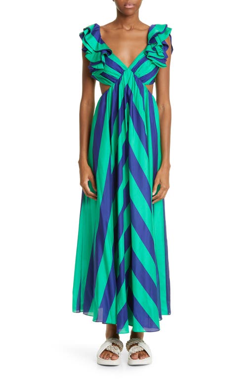 Zimmermann Tiggy Stripe Ruffle Shoulder Silk Maxi Dress in Navy/Green Stripe
