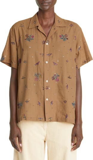 Bode Embroidered Micro Bird Short Sleeve Button-Up Shirt in Brown Multi at Nordstrom, Size Medium
