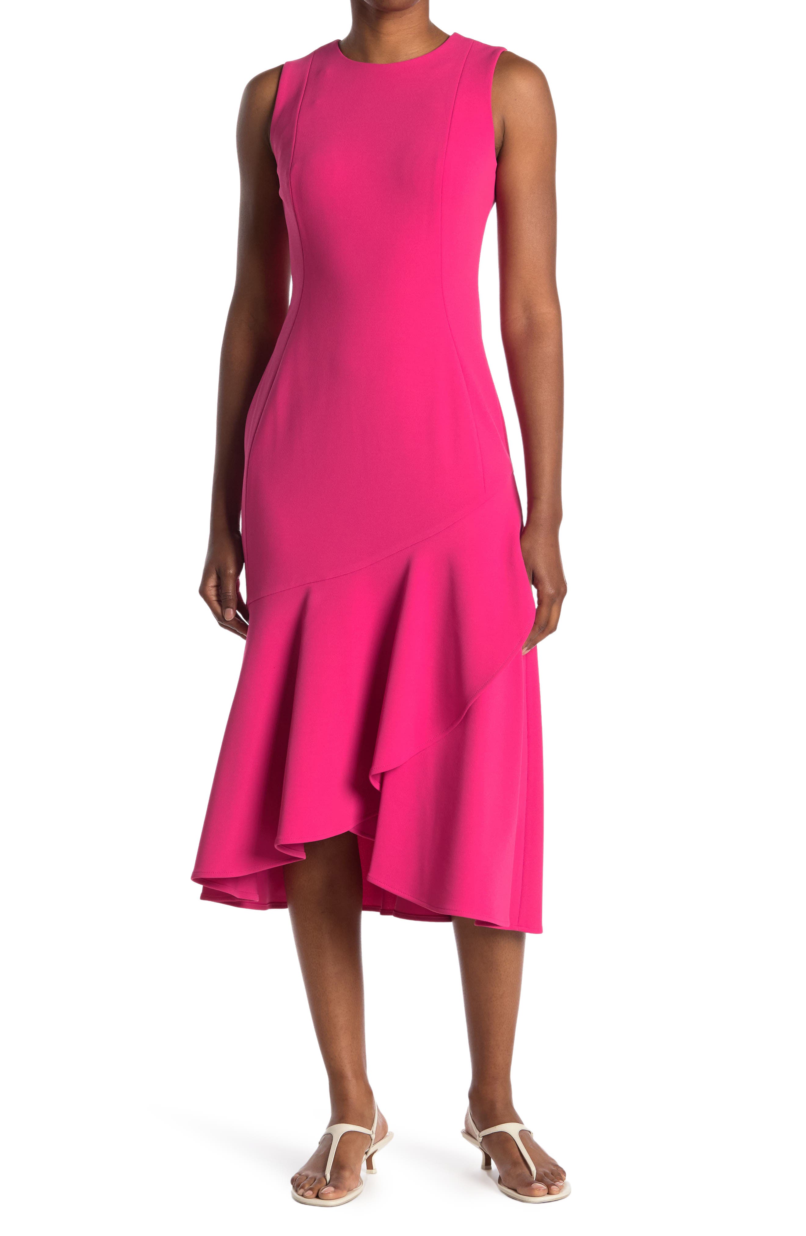 Calvin Klein Sleeveless Ruffle Hem Midi Dress In Bright Pink1