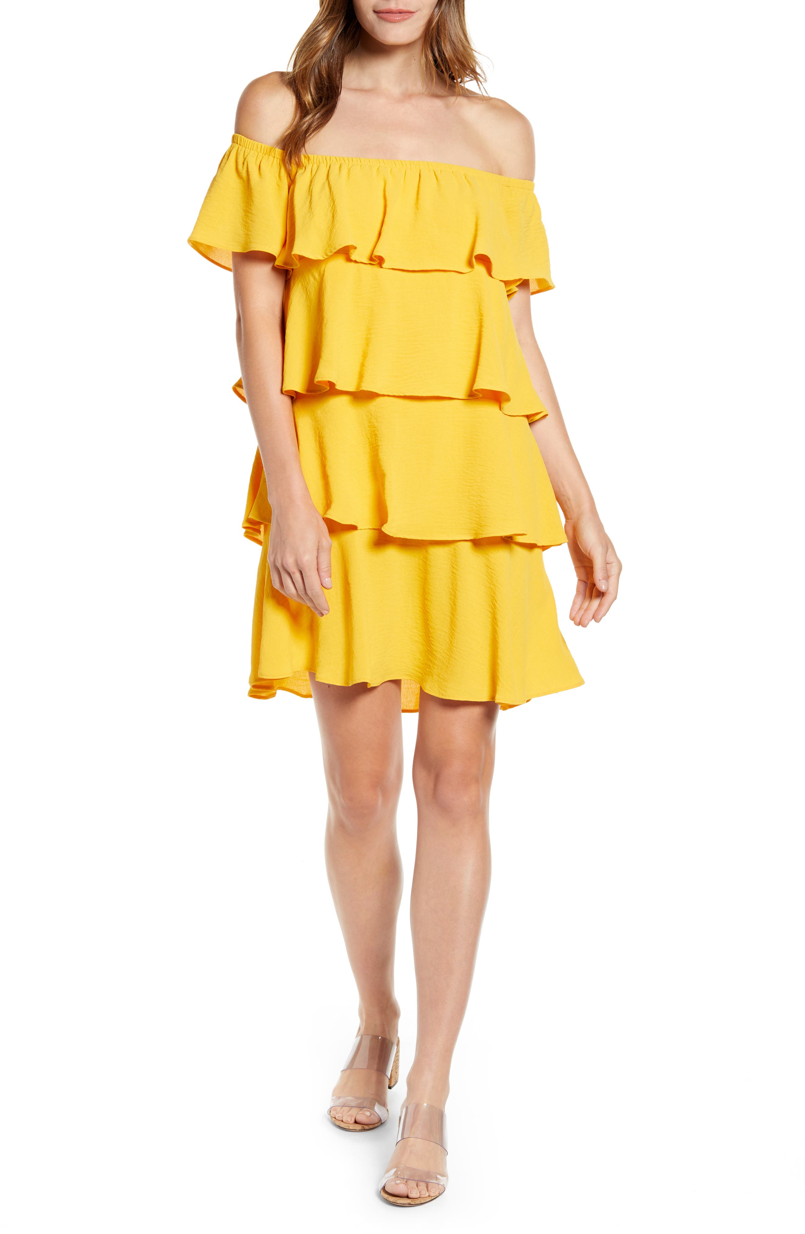 Petite Gibson X Hot Summer Nights Natalie Off The Shoulder Ruffle Dress, Yellow (Regular & Petite) (Nordstrom Exclusive)