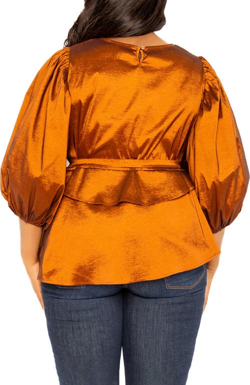 Buxom Couture Tie Waist Voluminous Elbow Sleeve Taffeta Peplum Top In Rust