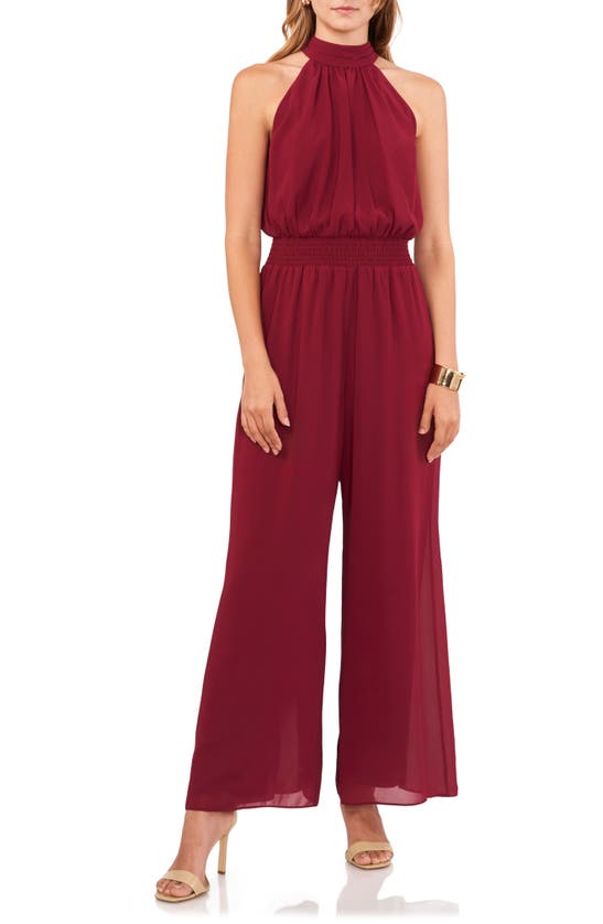 VINCE CAMUTO TIE NECK CHIFFON OVERLAY WIDE LEG JUMPSUIT