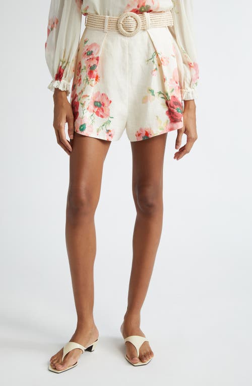 Shop Zimmermann Lightburst Floral Belted Linen Shorts In Cream/red Floral