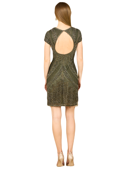 Lara New York Brooklyn Beaded Fitted Short Dress With Open Back In Olive