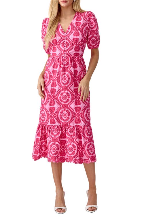 Luisa Embroidered Midi Dress in Pink/Magenta
