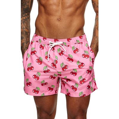 Topman Cherry Print Swim Shorts, Pink