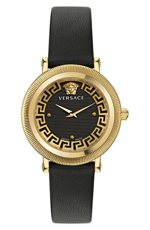 Versace Greca Flourish Leather Strap Watch, 35mm in Ip Yellow Gold at Nordstrom