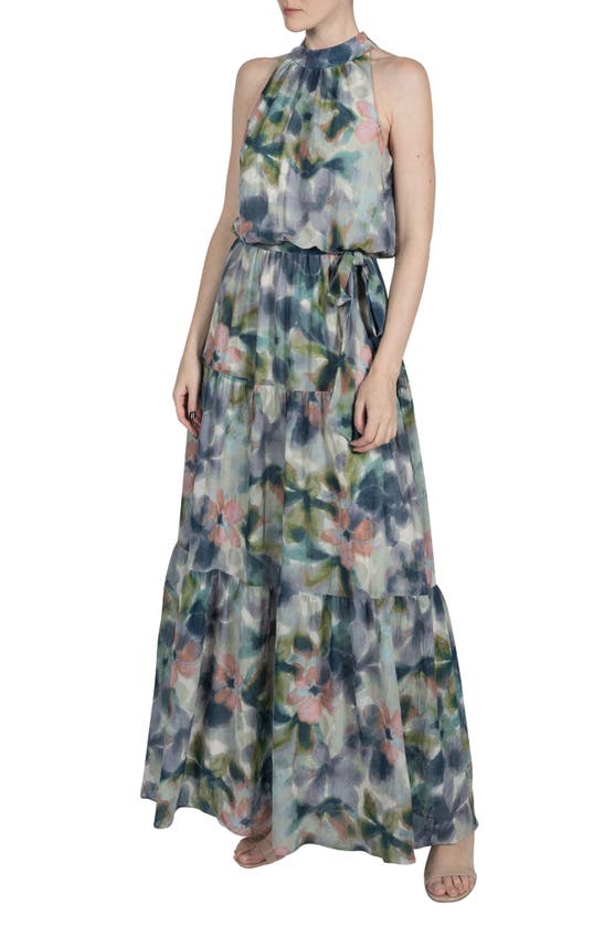 Julia Jordan Watercolor Floral Crinkle Maxi Dress In Green Multi