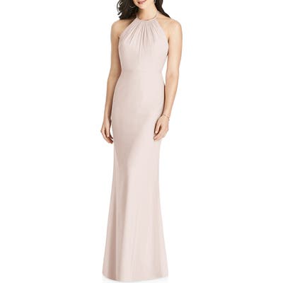 Dessy Collection Ruffle Back Chiffon Halter Gown, Pink