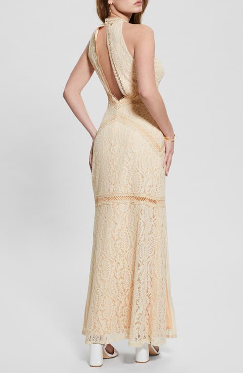 Guess Women's New Liza Lace Halter Sleeveless Gown In Pearl Oyster