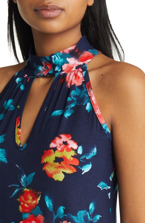 Shop Loveappella Floral Cutout Mock Neck Halter Top In Navy/coral