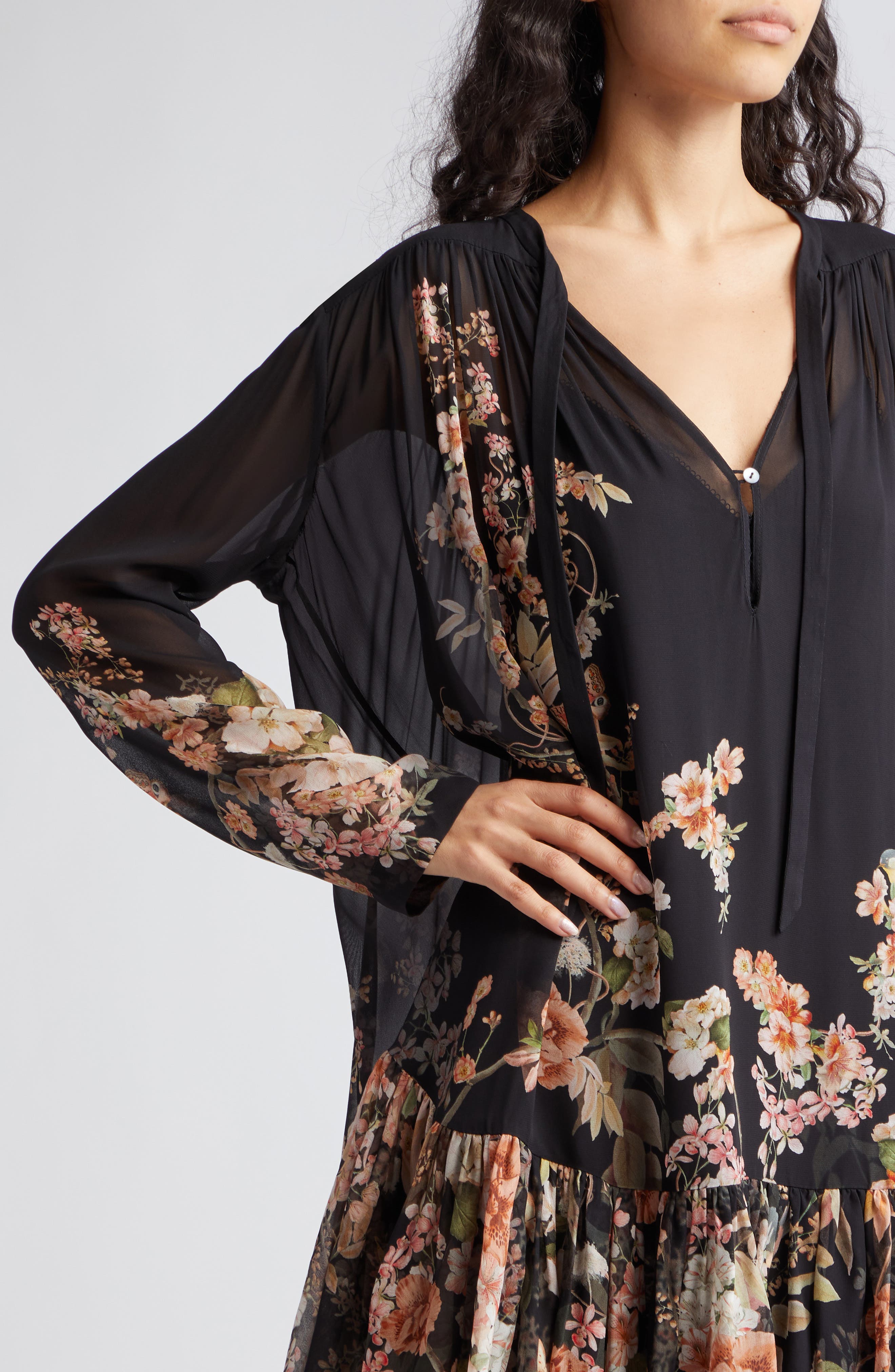 Zimmermann Natura Floral Print Long Sleeve Tiered Minidress in Coral Garden  Black | Smart Closet